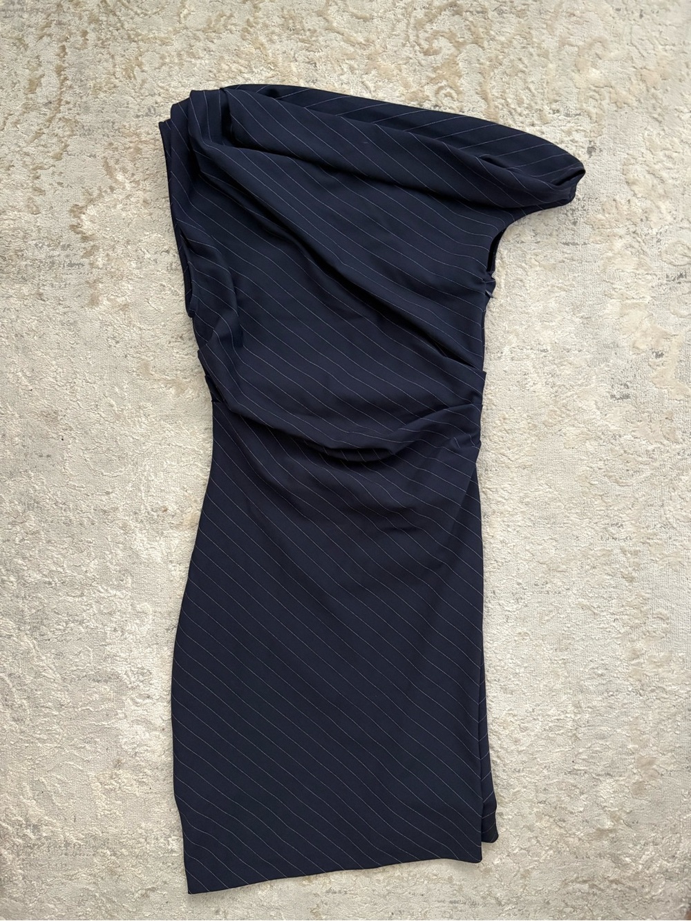 NWT❗️Abercrombie & Fitch Navy Pinstripe Asymmetrical Neckline Mini Dress